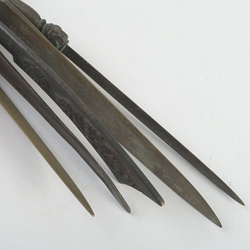 中国 古銅鍍金 漢詩刻 神獣彫など ペーパーナイフ 短剣 5点 C S398