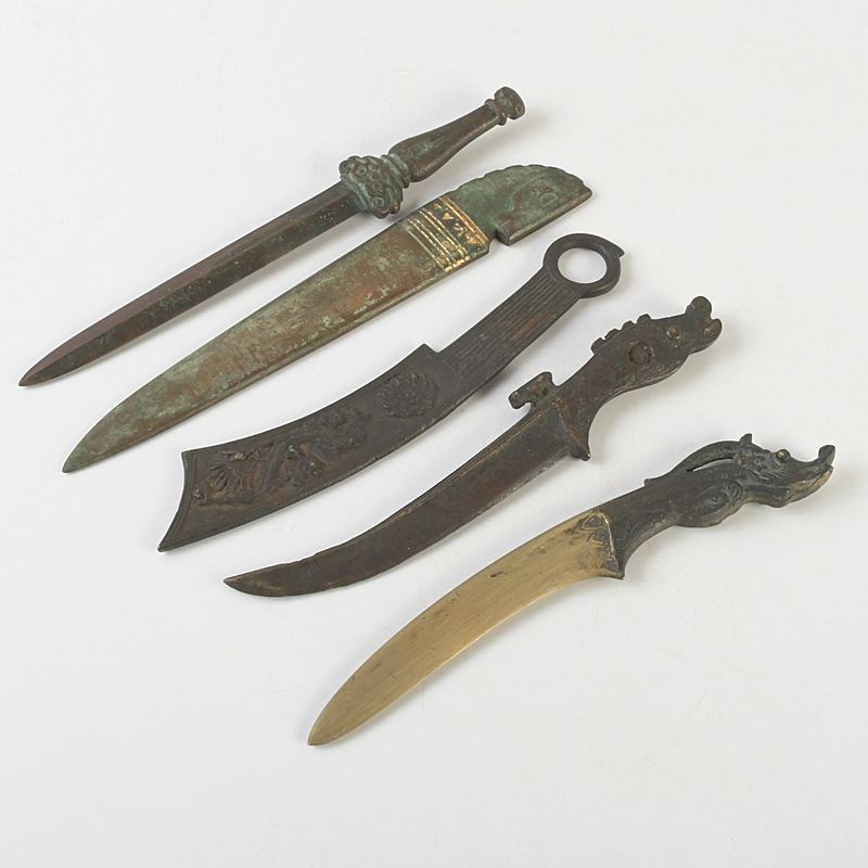 中国　古銅鍍金　漢詩刻　神獣彫など　ペーパーナイフ　短剣　5点　C　5364 中国 古銅鍍金 漢詩刻 神獣彫など ペーパーナイフ 短剣 5点 C 5364