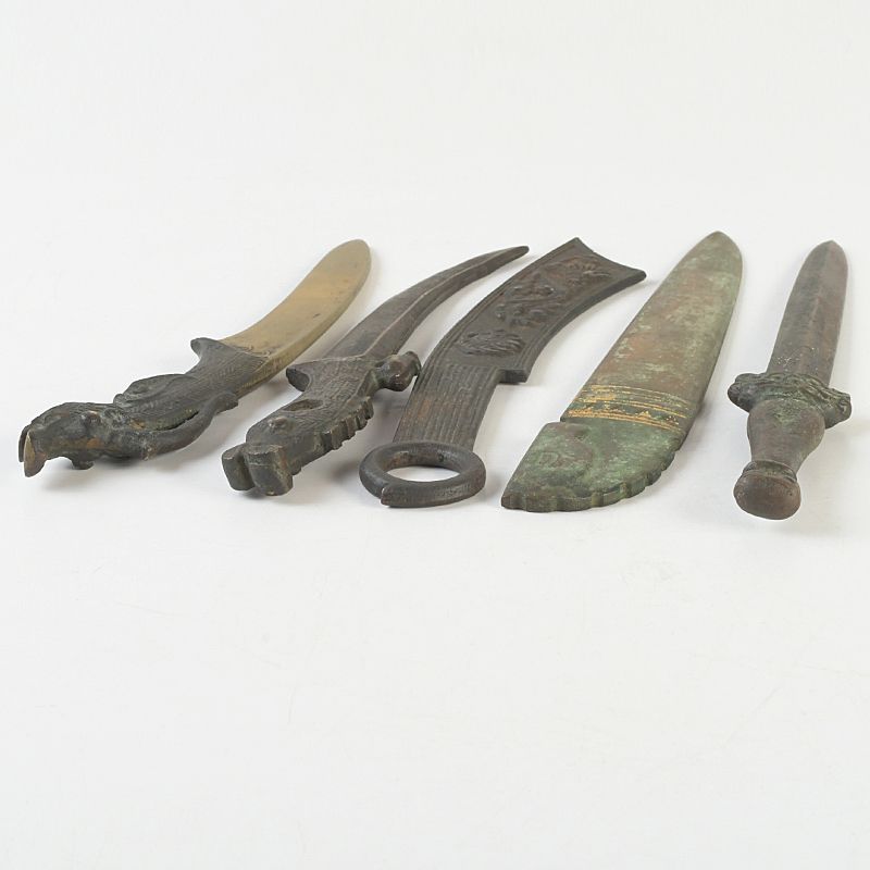 中国 古銅鍍金 漢詩刻 神獣彫など ペーパーナイフ 短剣 5点 C S398