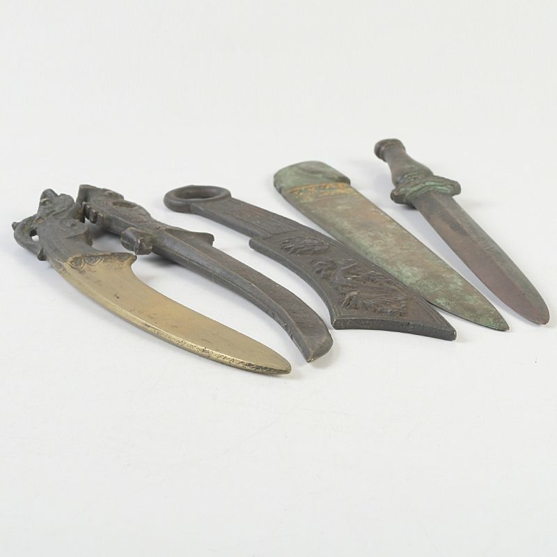 中国 古銅鍍金 漢詩刻 神獣彫など ペーパーナイフ 短剣 5点 C S398