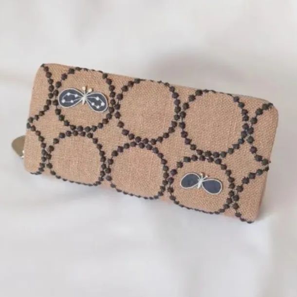 受注製作 刺繍３つ ベージュ×チャコール タンバリン 本革ギャルソン長財布 ミナペルホネン