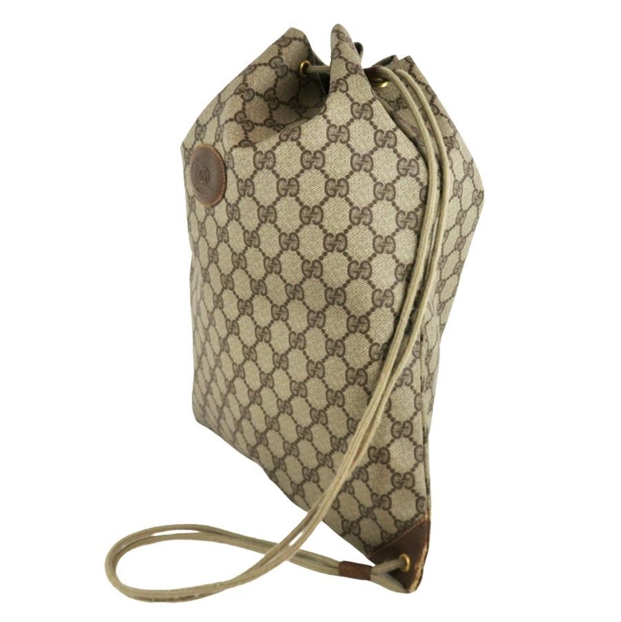 GUCCI グッチ GG モノグラム PVCｘレザー 巾着バッグ 97 19 302 ブラウン アクセサリーコレクション 紙タグ付き イタリア製 rk 9834