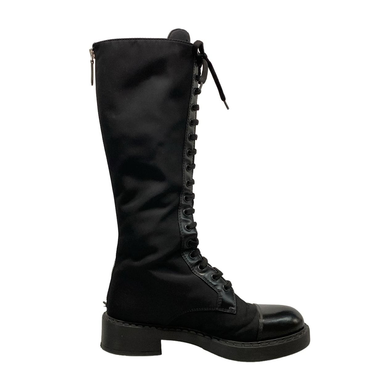 PRADA プラダ ロングブーツ 36 1 2 レディース ブラッシュドレザー× Re-Nylon ブーツ W 906 M 黒 レースアップ リサイクルナイロン レザー