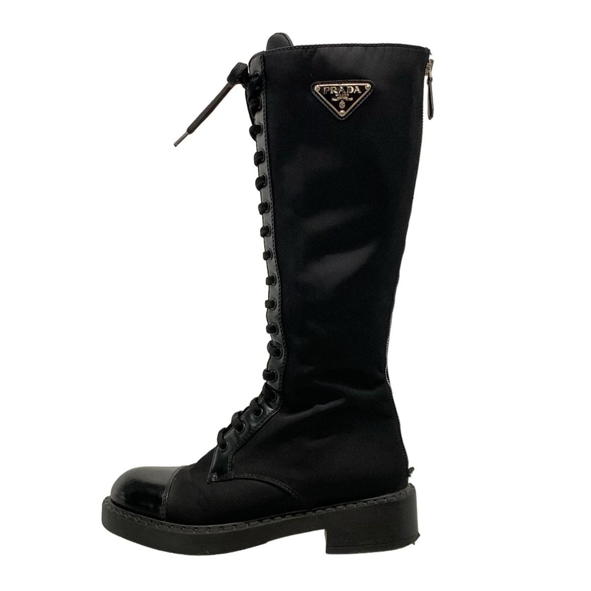 PRADA プラダ ロングブーツ 36 1 2 レディース ブラッシュドレザー Re Nylon ブーツ W 906 M 黒 レースアップ リサイクルナイロン レザー