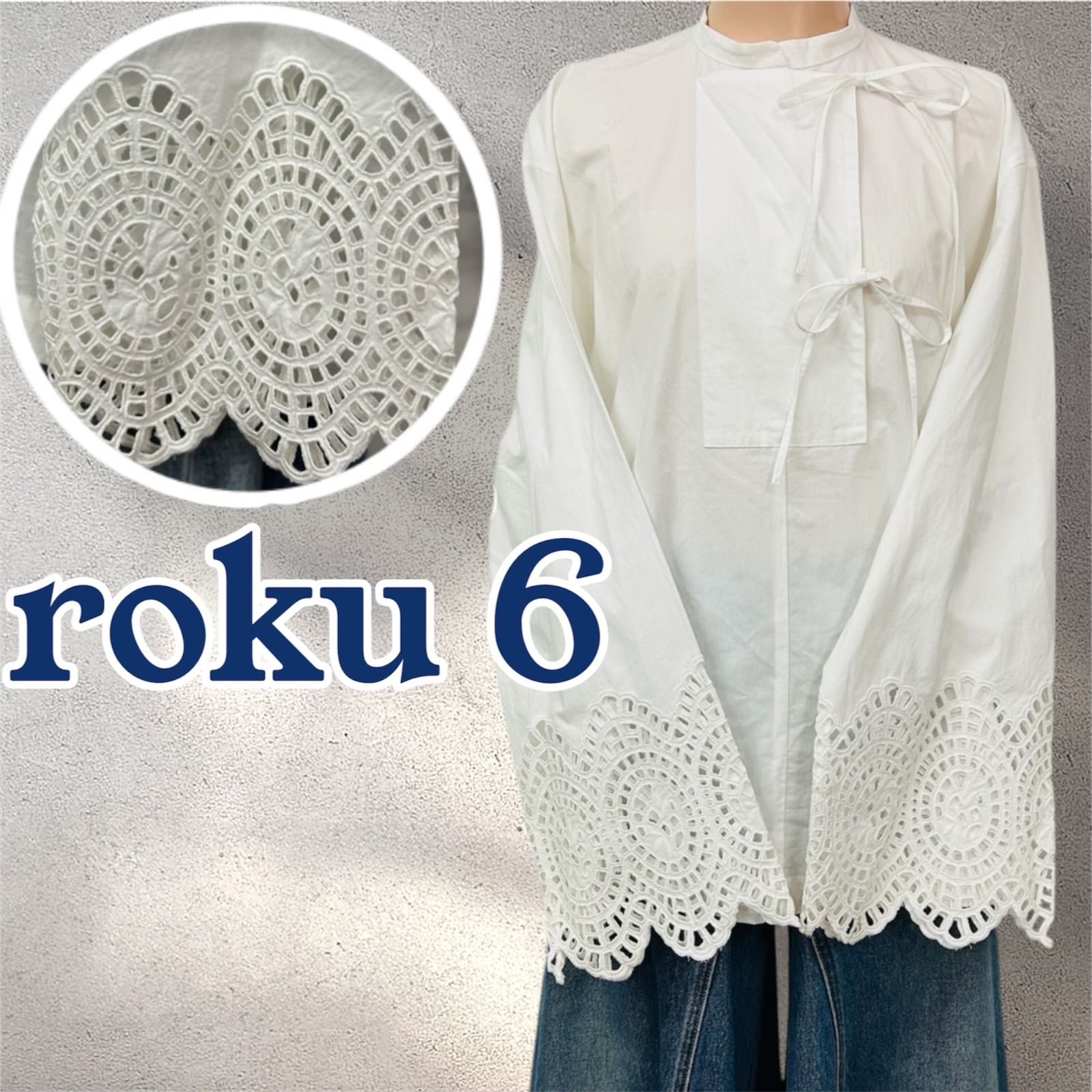 美品】 ROKU 6 エンブロイダリーブラウス 刺繍ブラウス スタンドカラー 