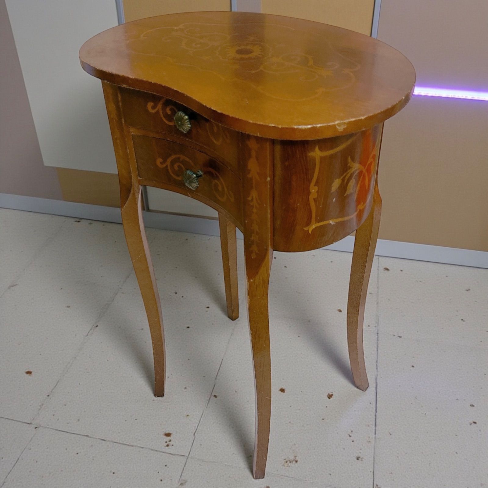 イタリア製 木象嵌 サイドテーブル 電話台 引き出し2段 猫脚 アンティーク クラシック コンソール