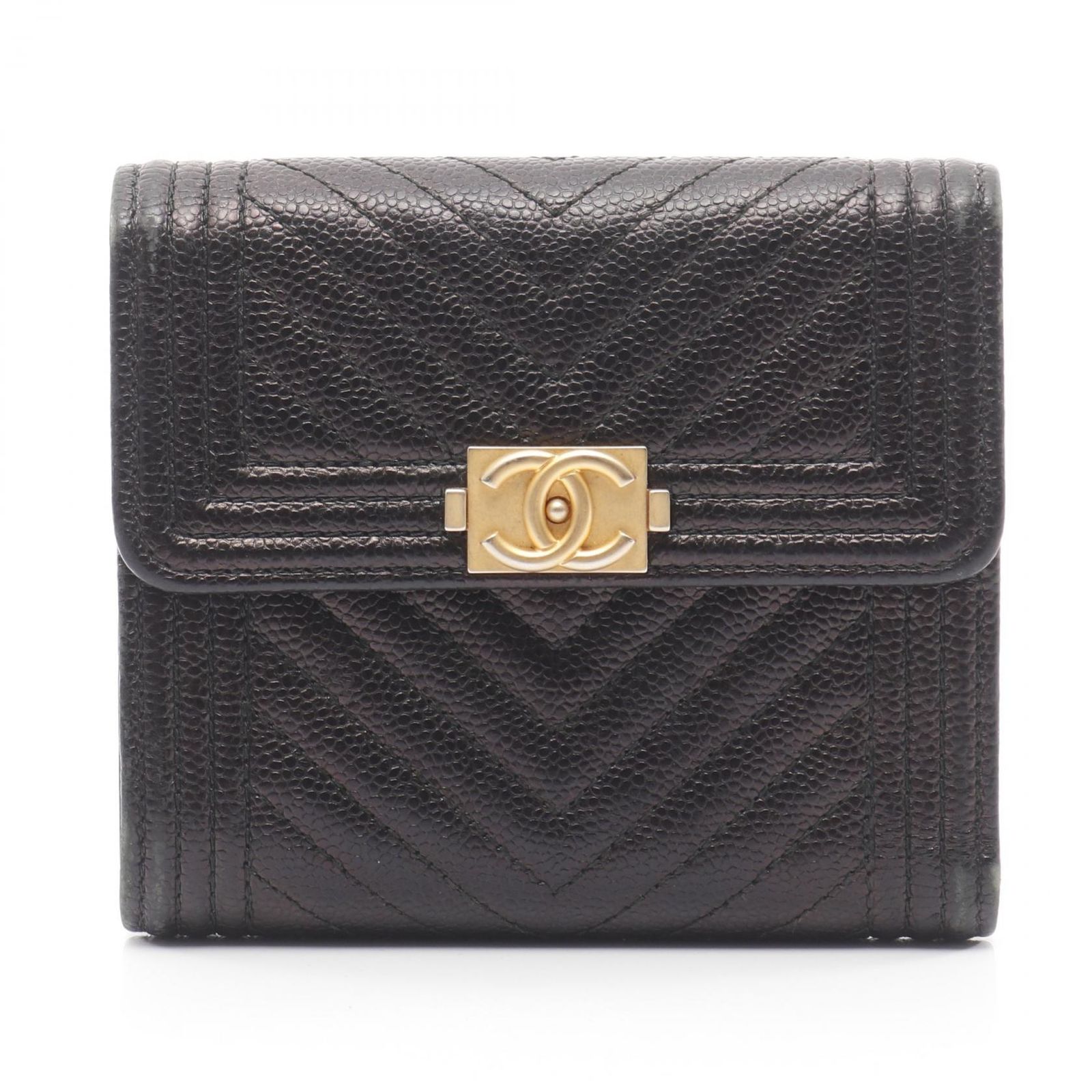 シャネル CHANEL 三つ折り財布 ボーイシャネル シェブロン Vステッチ A 80734 ブラック キャビアスキン グレインドカーフ