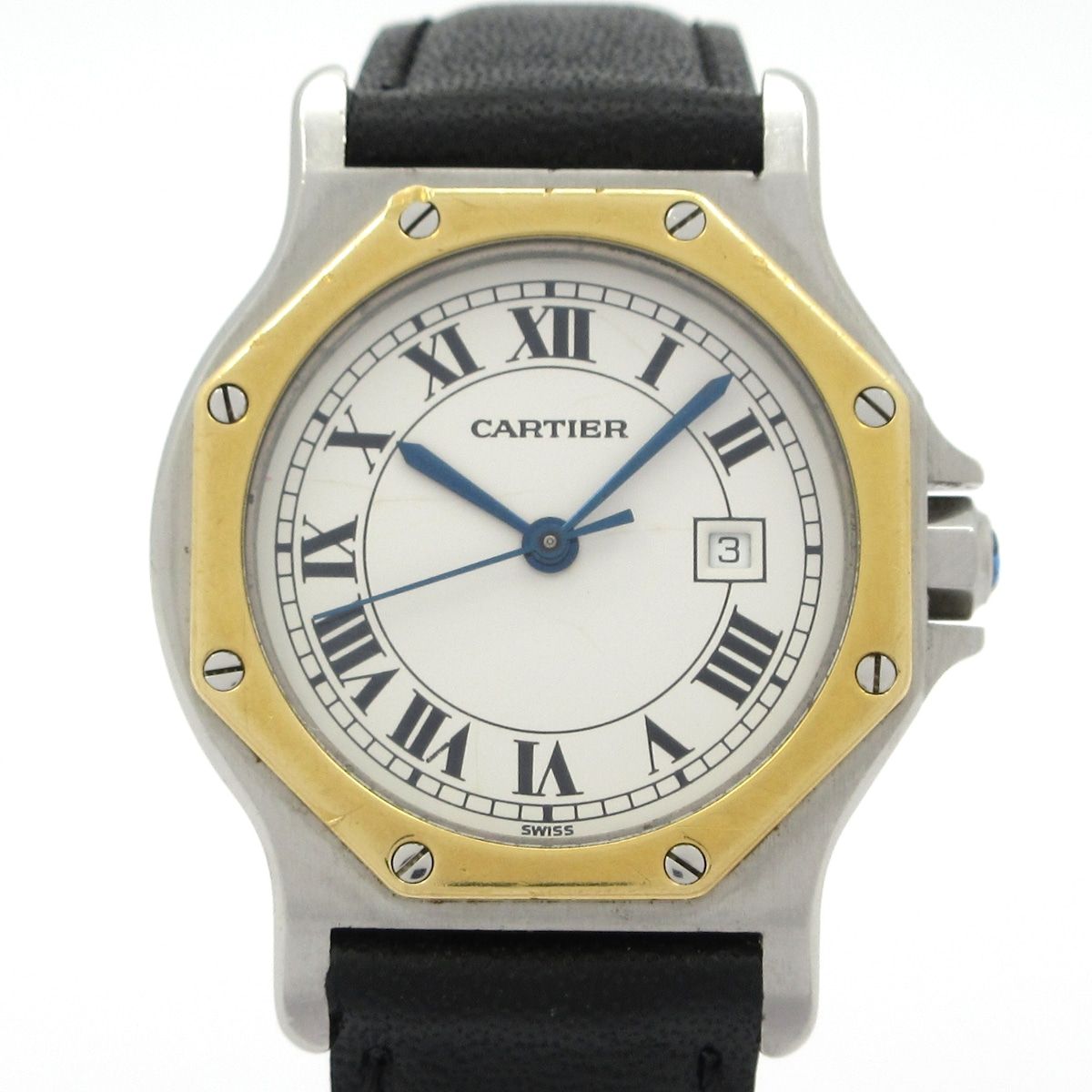 Cartier カルティエ 腕時計 サントスオクタゴンLM メンズ SS×K 18 YG|社外革ベルト 白