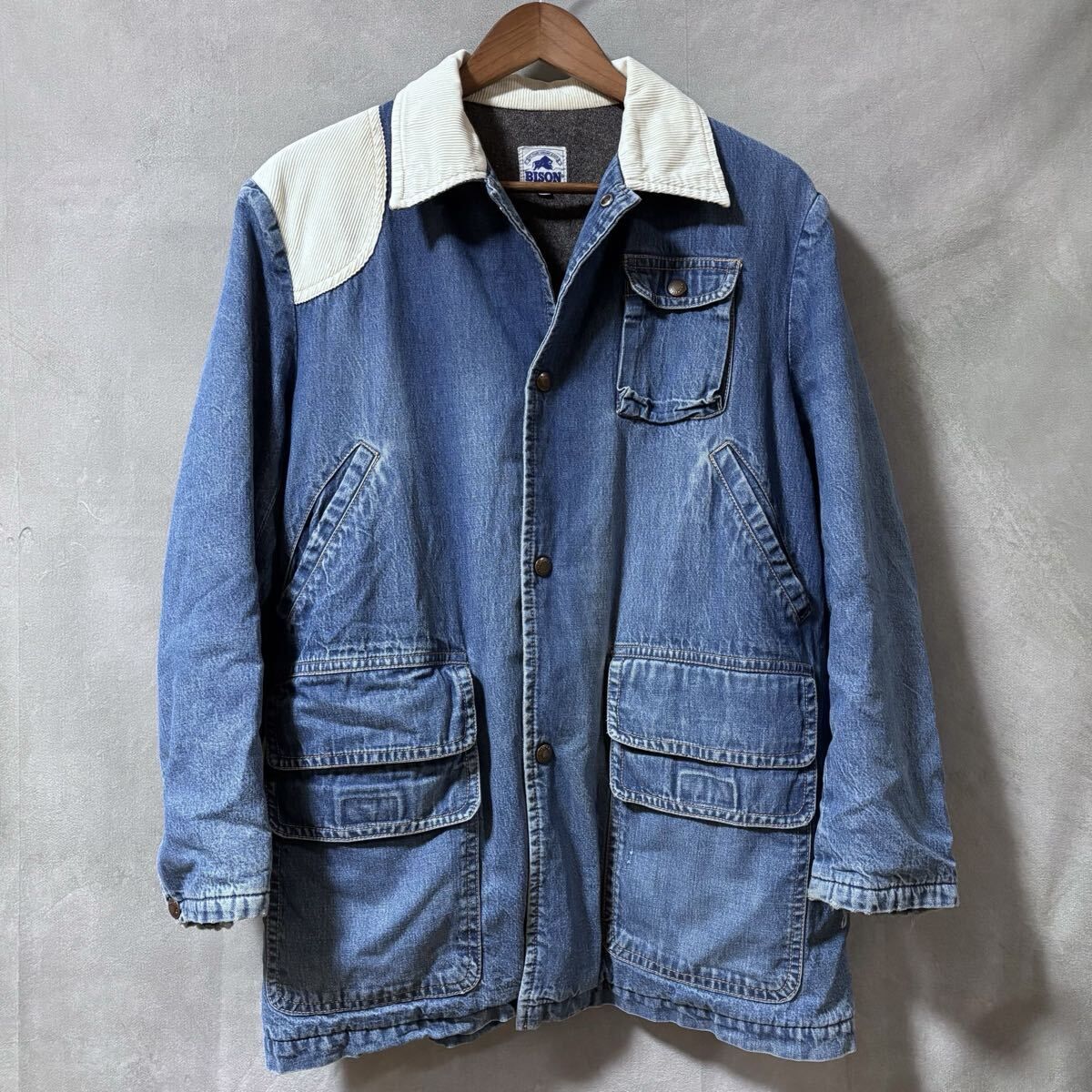 BISON バイソン 80 s 雰囲気抜群 国産 ヴィンテージ 裏ブランケット カバーオール ジャケット size.M インディゴ ブルー