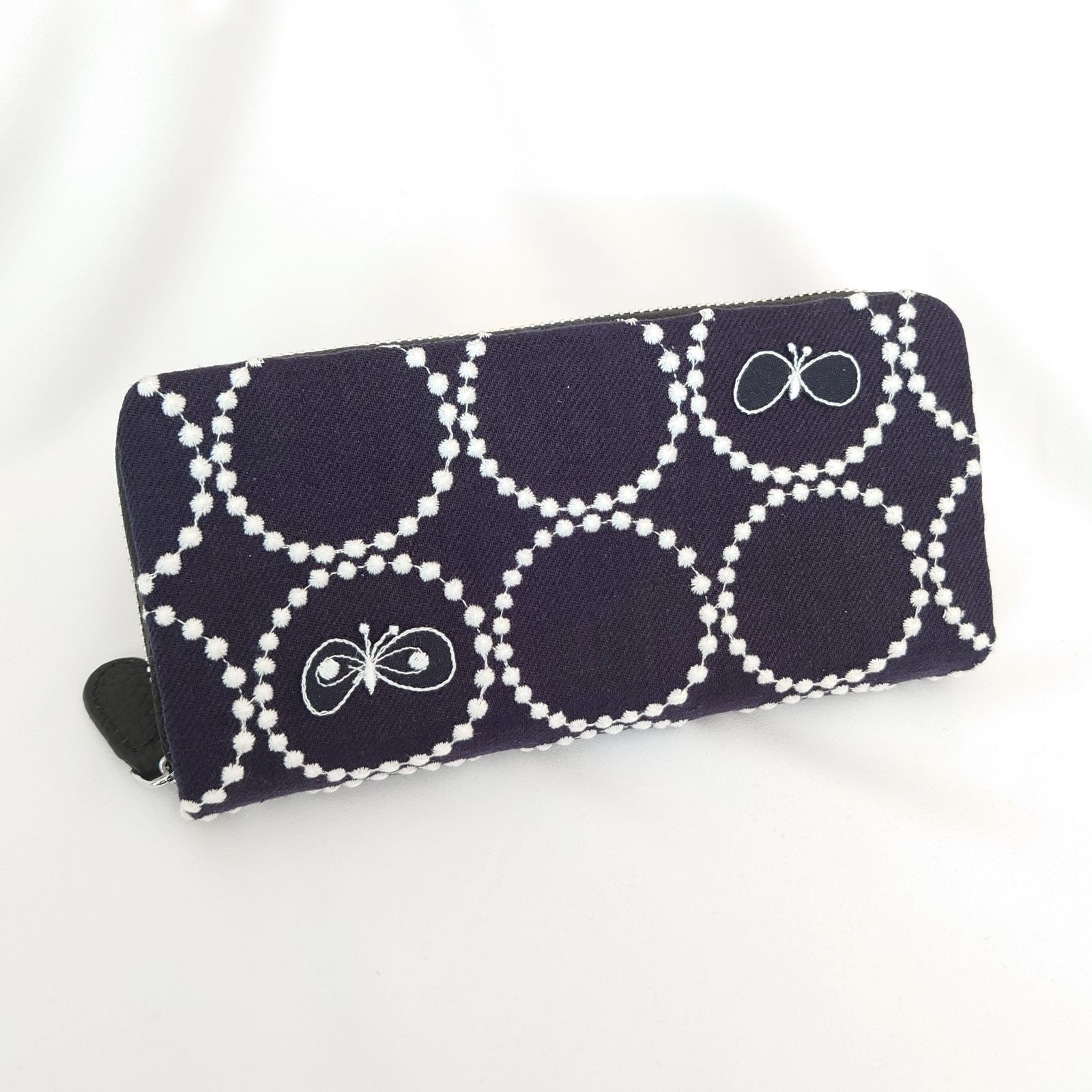 受注製作 ネイビー×ホワイト タンバリン 本革ギャルソン長財布 ミナペルホネン