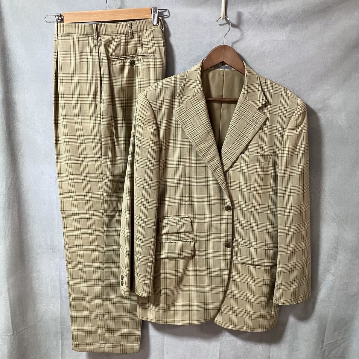 MEN S BIGI メンズビギ 80 通年 ウール 総裏地 2ボタン セットアップ スーツ ジャケット パンツ size 48 L ベージュ チェック