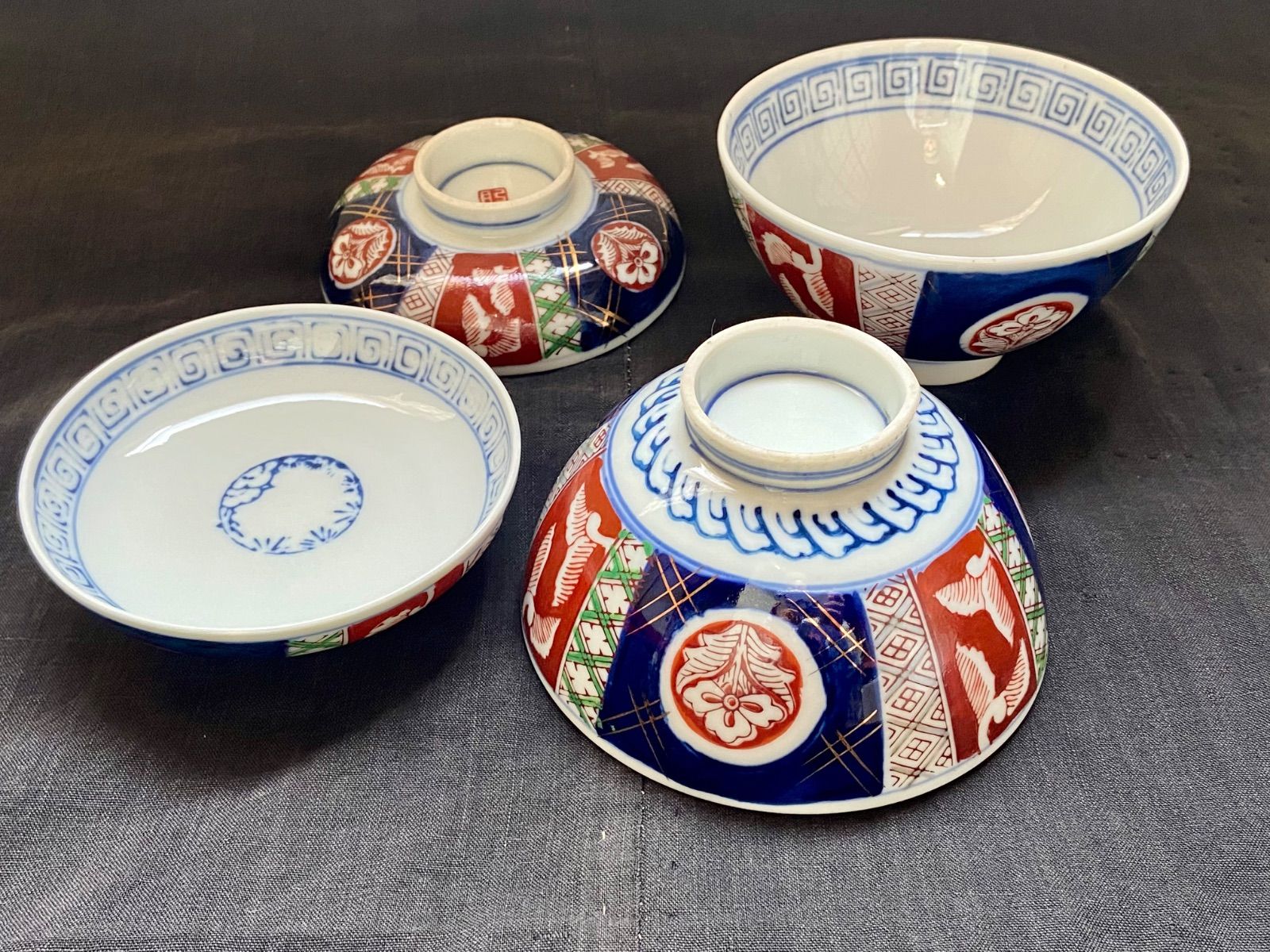 明治時代の古伊万里蓋つき(銘月弓)茶碗5客セット 伊万里 古