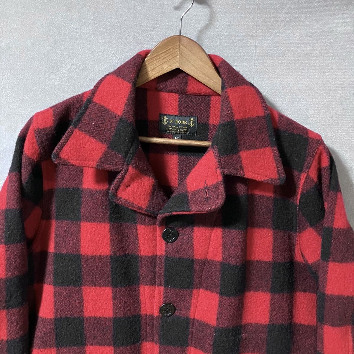 NROBE エヌロブ NATIONAL ANTHEM カナダ製 ウールナイロン メルトン バッファローチェック フィッシャーマン ジャケット size.M レッド
