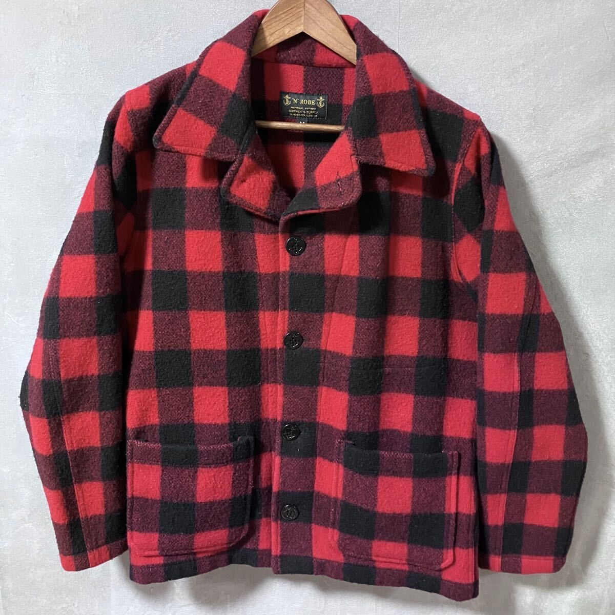 NROBE エヌロブ NATIONAL ANTHEM カナダ製 ウールナイロン メルトン バッファローチェック フィッシャーマン ジャケット size M レッド