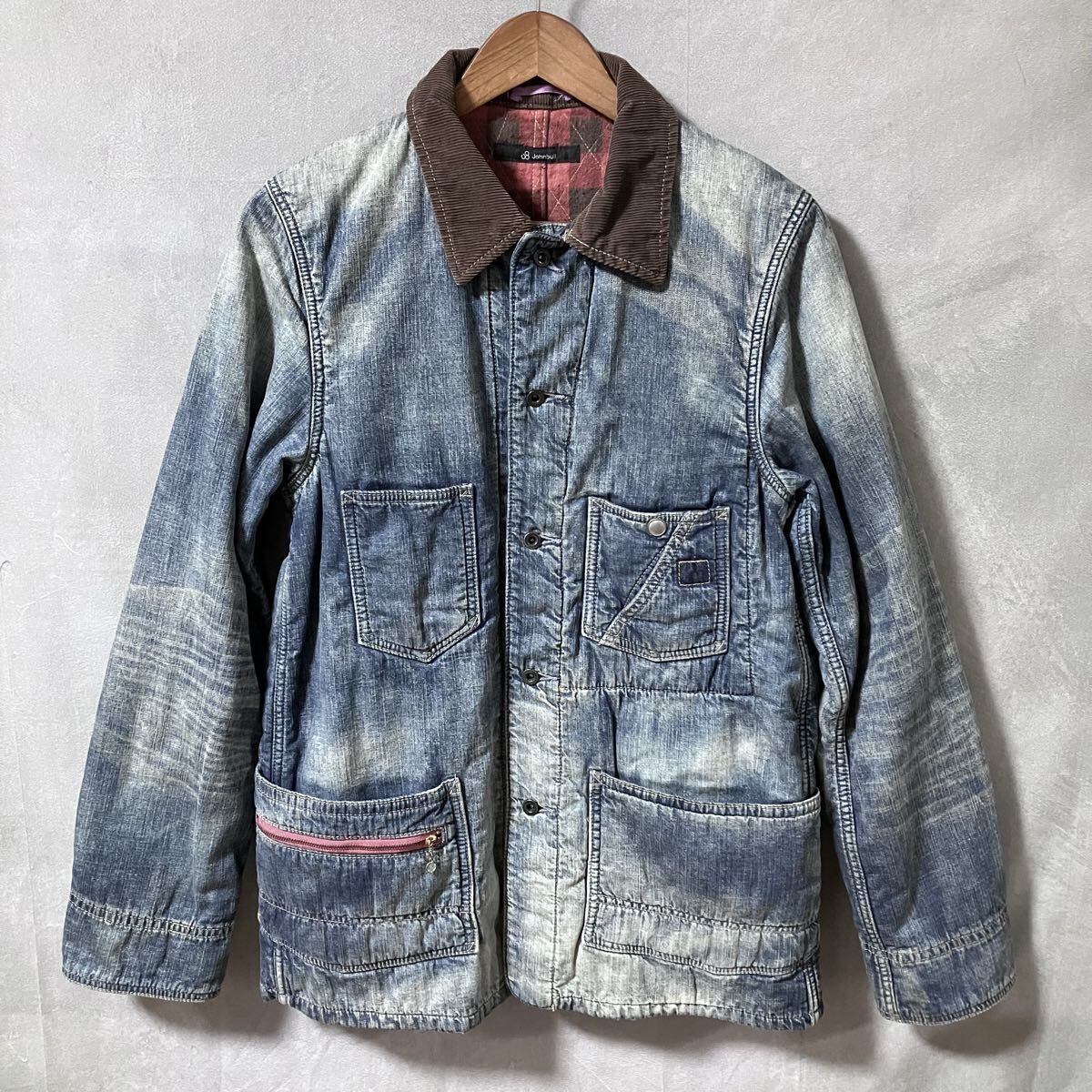 JOHNBULL ジョンブル ヴィンテージ フェード 加工 ネル裏地 デニム カバーオール ジャケット size M インディゴ ダメージ加工