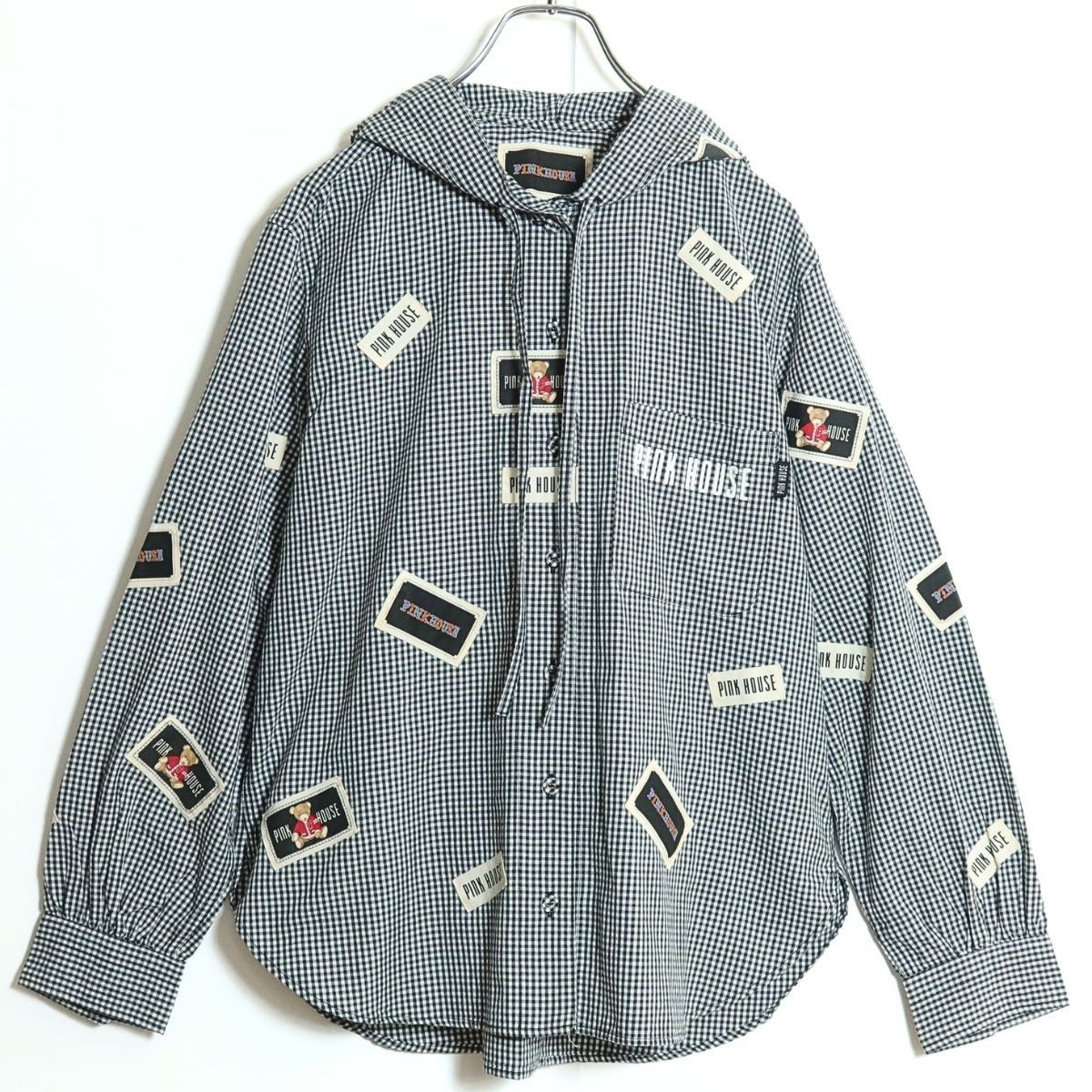 ピンクハウス☆くまワッペンいっぱい♪フーディブラウス 黒系 前開き