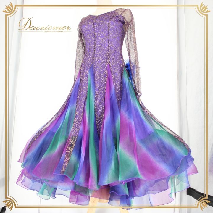 社交ダンス 衣装 スタンダード ドレス ワンピース パーティ衣装 女性用 オールシーズン Leirena レイリーナ 紫 青 緑 パープル系 ブルー系 フォーマル衣装 バルーンシルエット エレガント おしゃれ 派手 ディスコ ステージ衣装