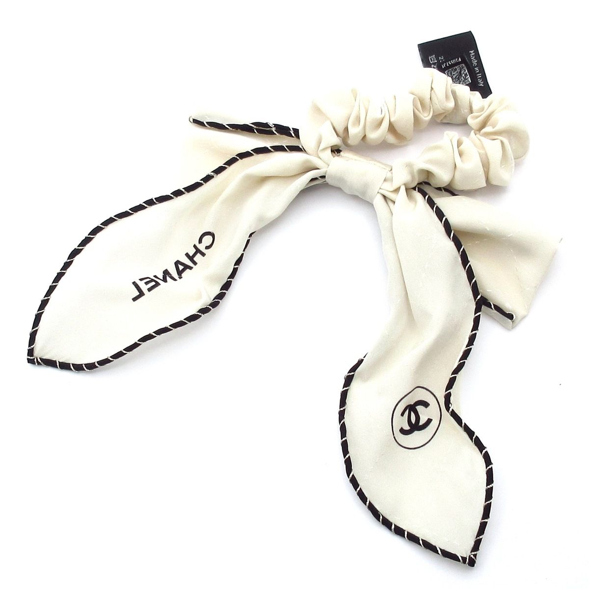 CHANEL シャネル シュシュ シルク アイボリー 黒 リボン マトラッセ