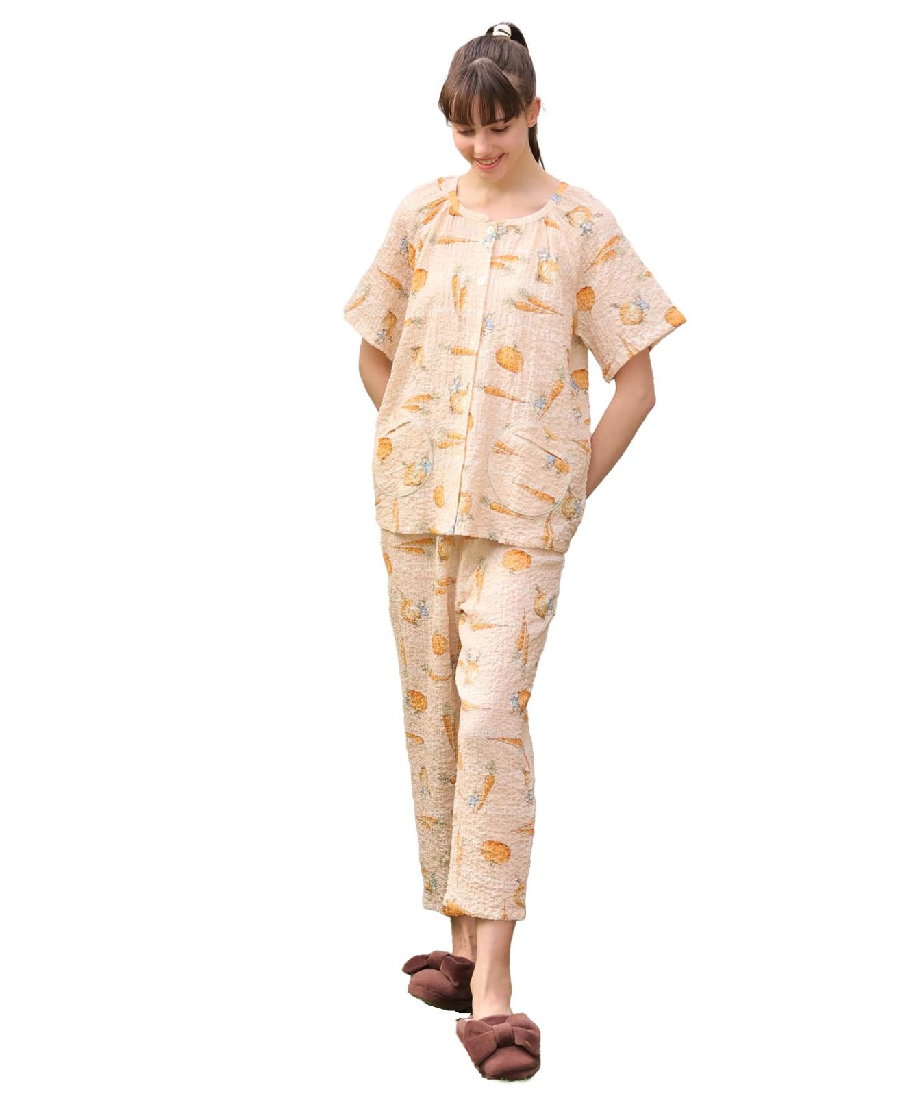 ナルエー パジャマセット ピーターラビットシャーリングボイルベジタブル前開きパジャマ レディース オレンジ