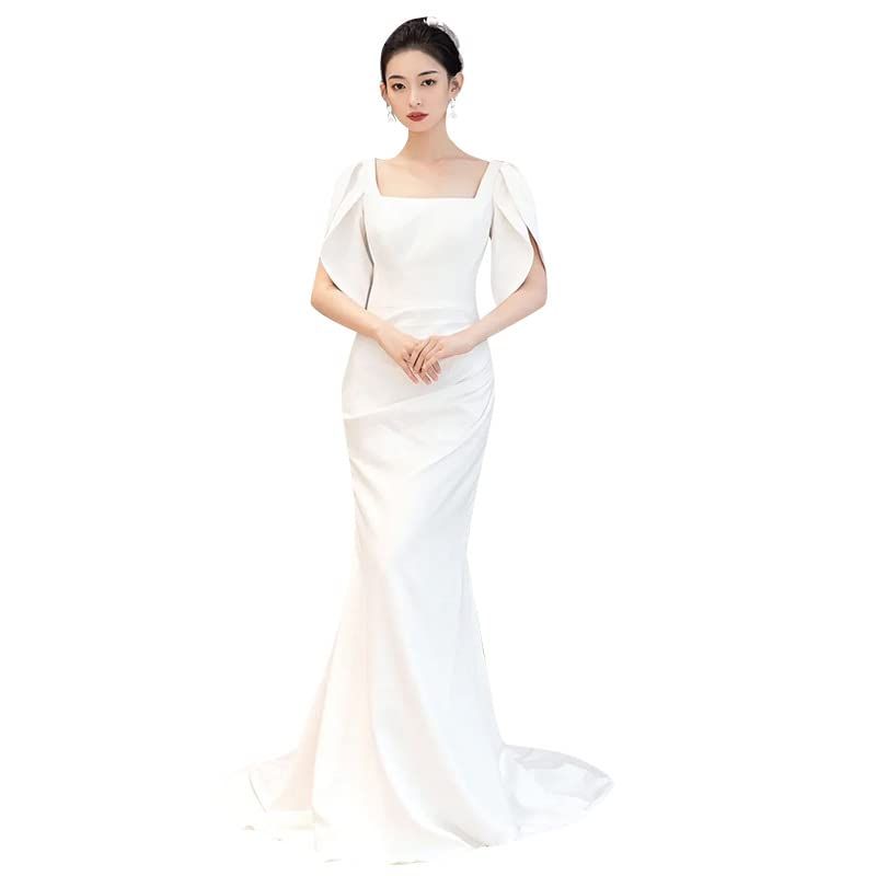 R QINYUER ドレス ウェディングドレス白 前撮り 後撮り 二次会 スクエアネック ロングドレス 花嫁ドレス クラシック マーメイドトレーンライン 結婚式ドレスホワイト ブライダル 挙式 二次会ドレス S