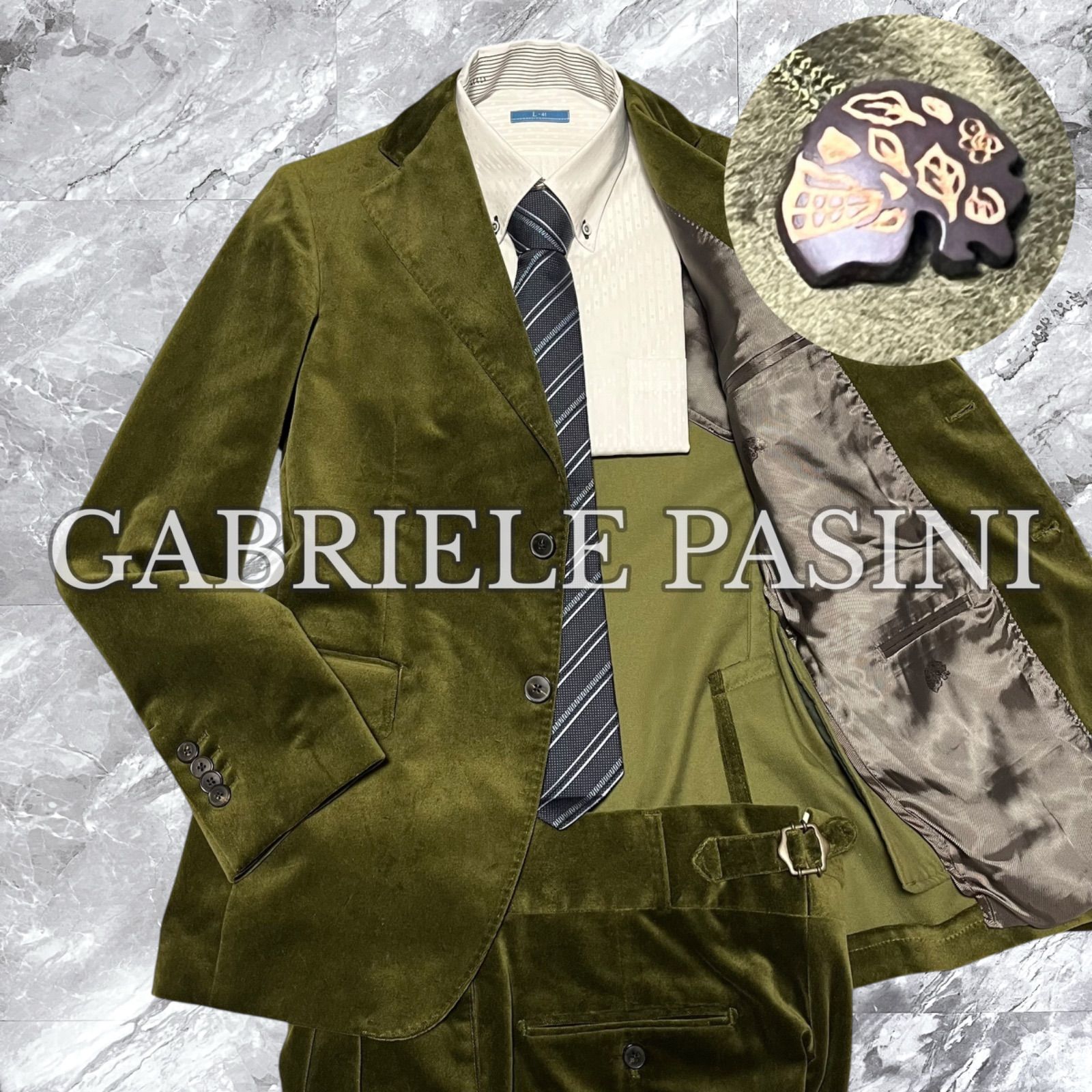PASINI ガブリエレパジーニ セットアップ スーツ 上下セット ベロア ベルベット 2 B 背抜き サイドベンツ 本切羽 ブートニエール スカル イタリア製 グリーン系 サイズ46 M相当