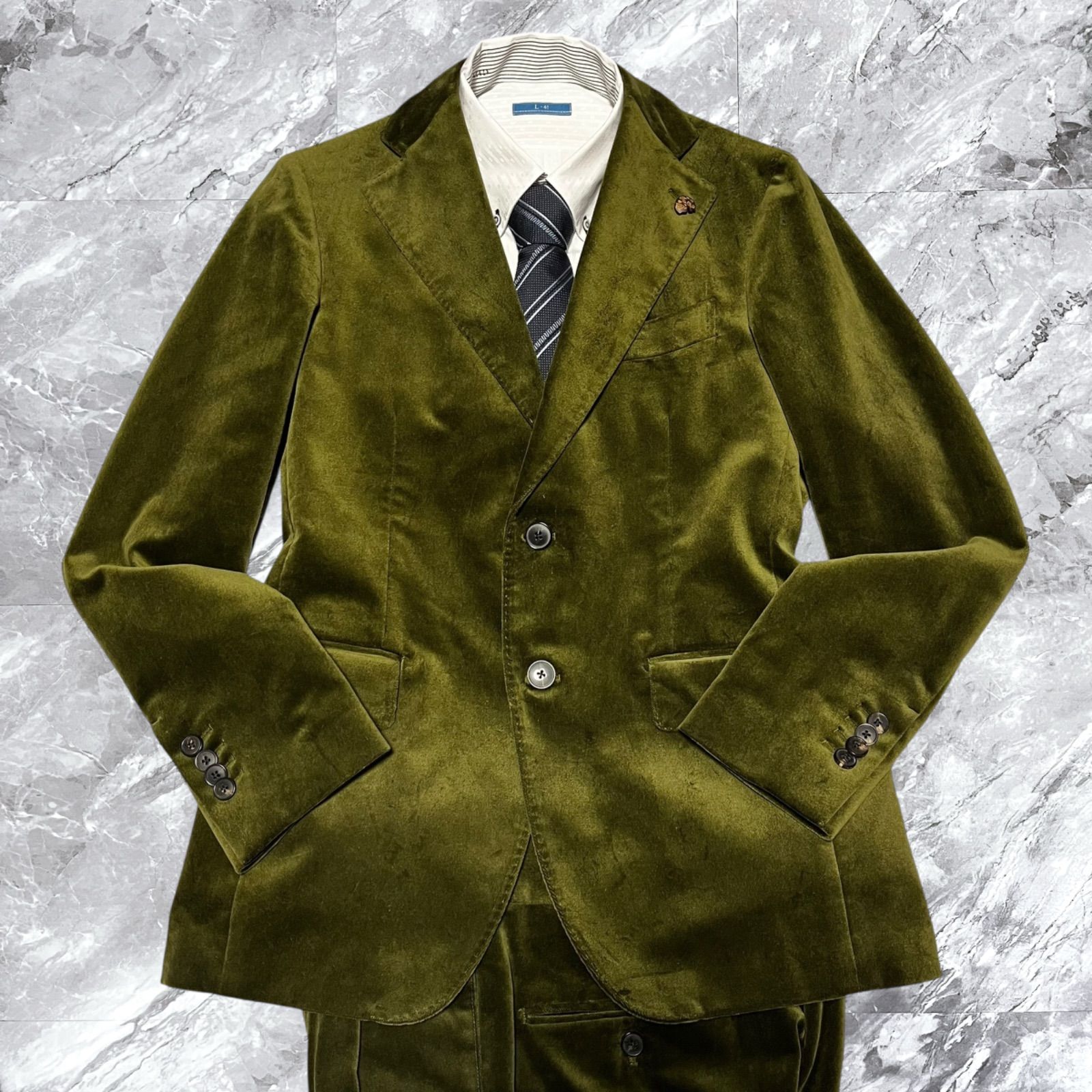 PASINI ガブリエレパジーニ セットアップ スーツ 上下セット ベロア ベルベット 2 B 背抜き サイドベンツ 本切羽 ブートニエール スカル イタリア製 グリーン系 サイズ46 M相当