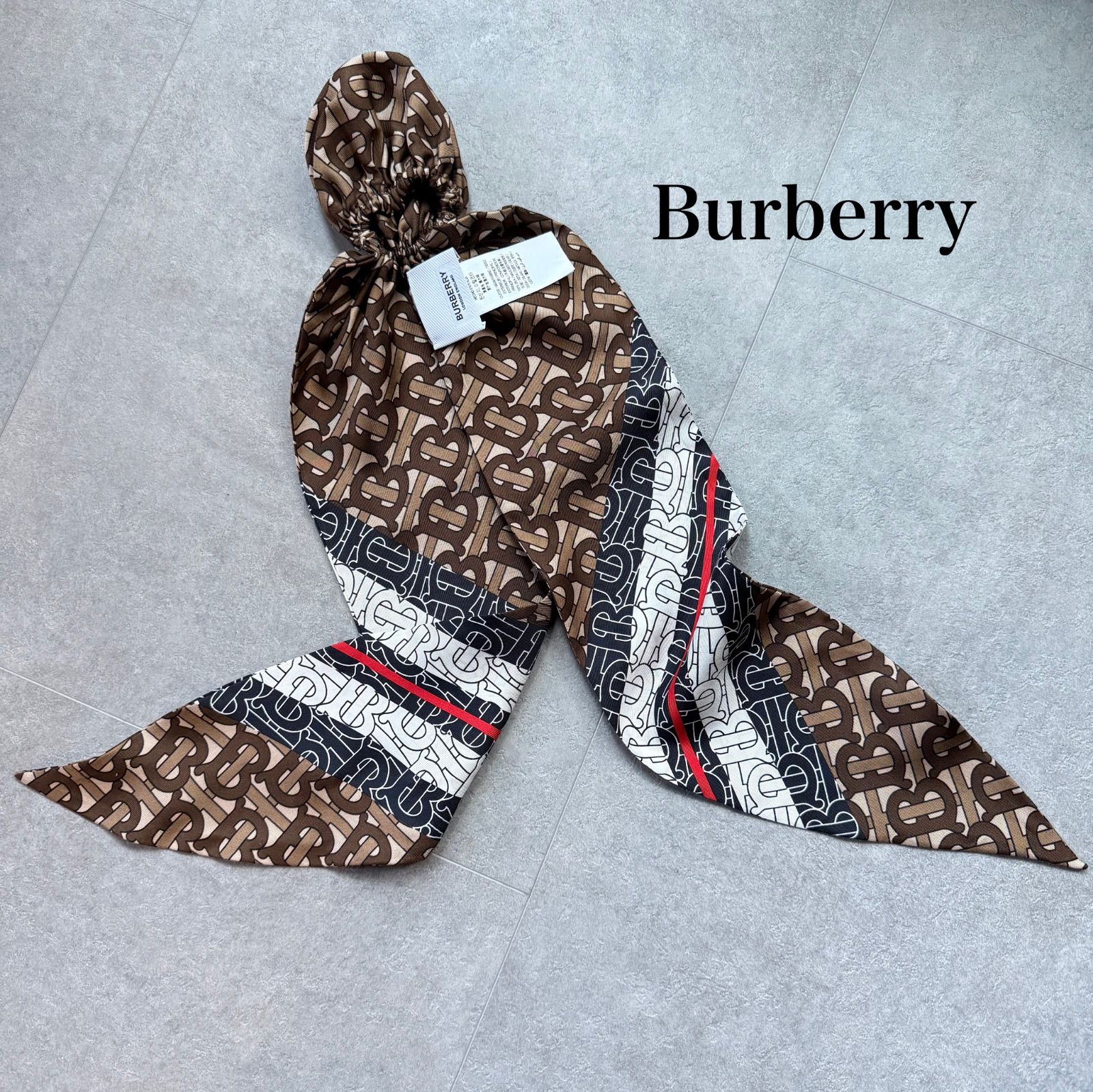 BURBERRY バーバリー ヘアスカーフ シルク モノグラム ヘア シュシュ ブラウン