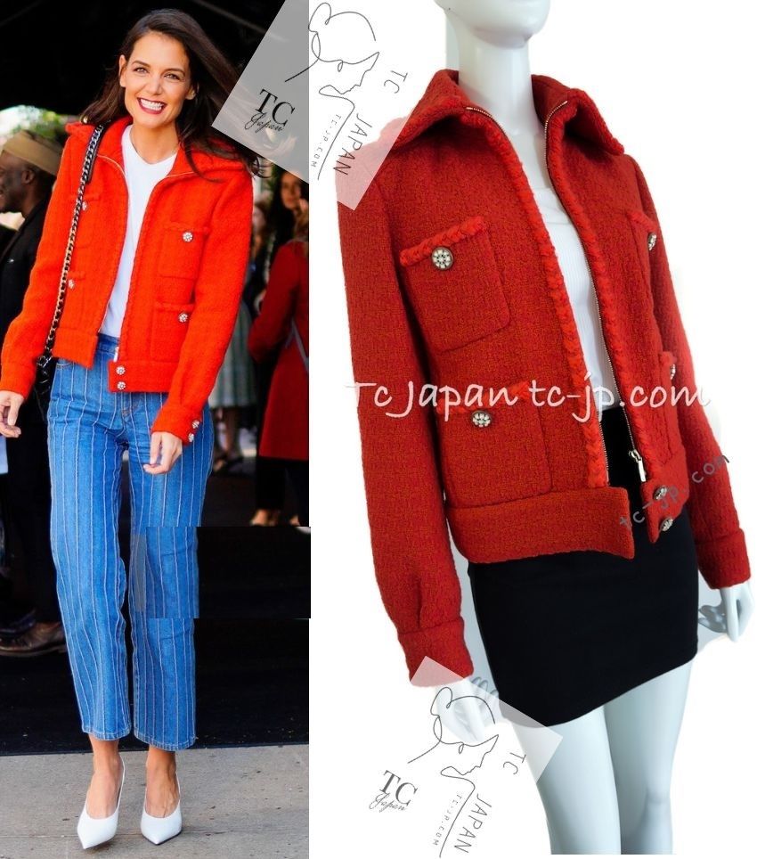 シャネル ジャケット CHANEL コーラル レッド ジッパー ウール