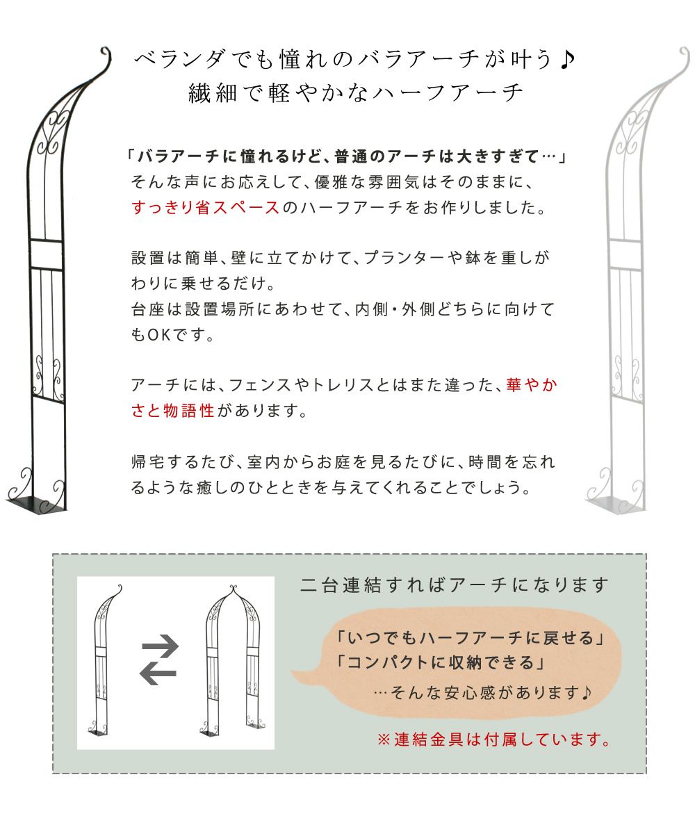 住まいスタイル アイアンハーフアーチ（シングル）【送料無料　アイアンアーチ　門　鉄製　ハート　花　フェンス　ガーデンアーチ　おしゃれ 小型 北欧 ガーデニング 屋外 家具 ツタ　蔦　エントランス　エクステリア　ロマンチック　ハーフ　園芸支柱】