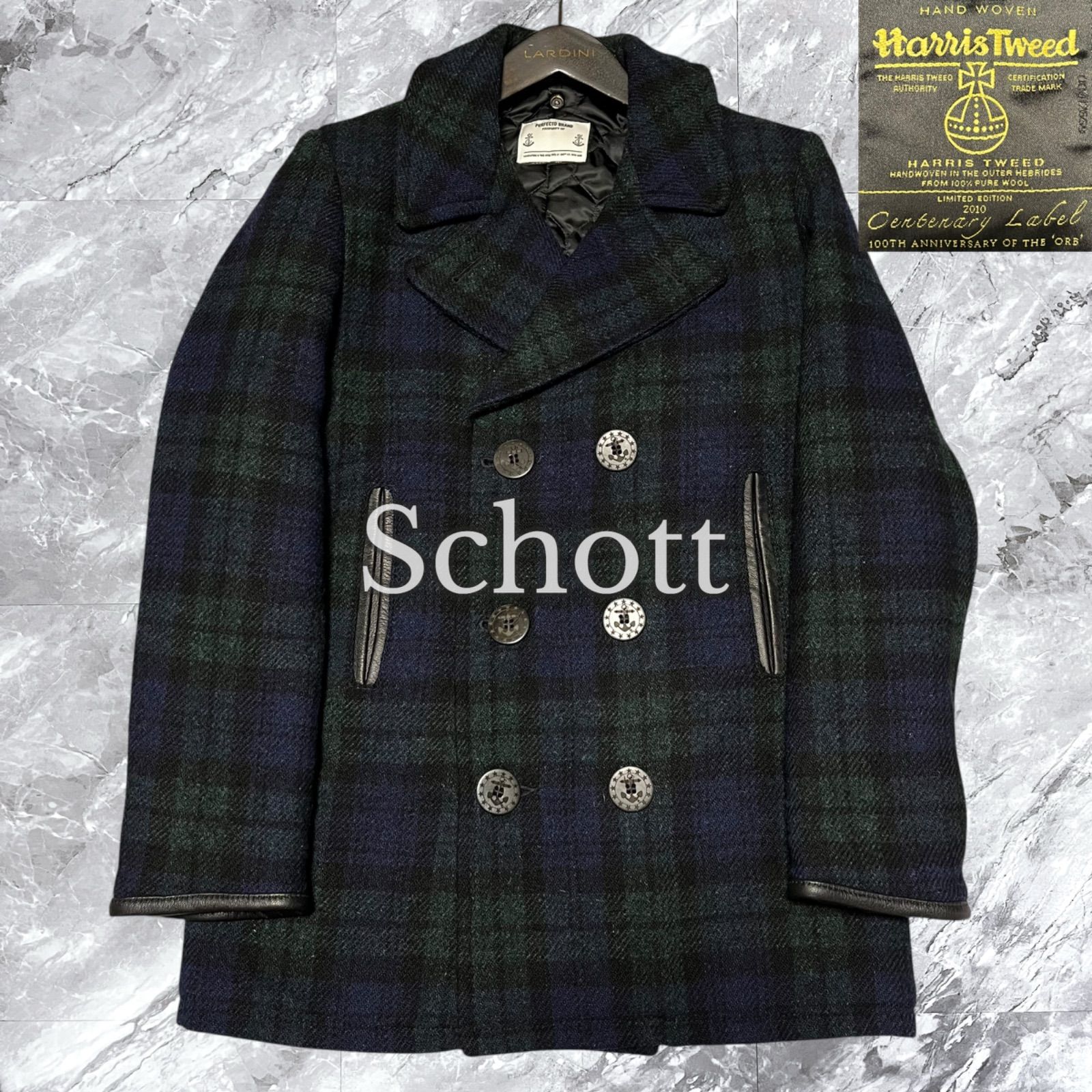 【美品】バーバリーロンドン　ピーコート　ツイード　裏地チェック柄　M　ブラック 美品】バーバリーロンドン ピーコート ツイード 裏地チェック柄 M