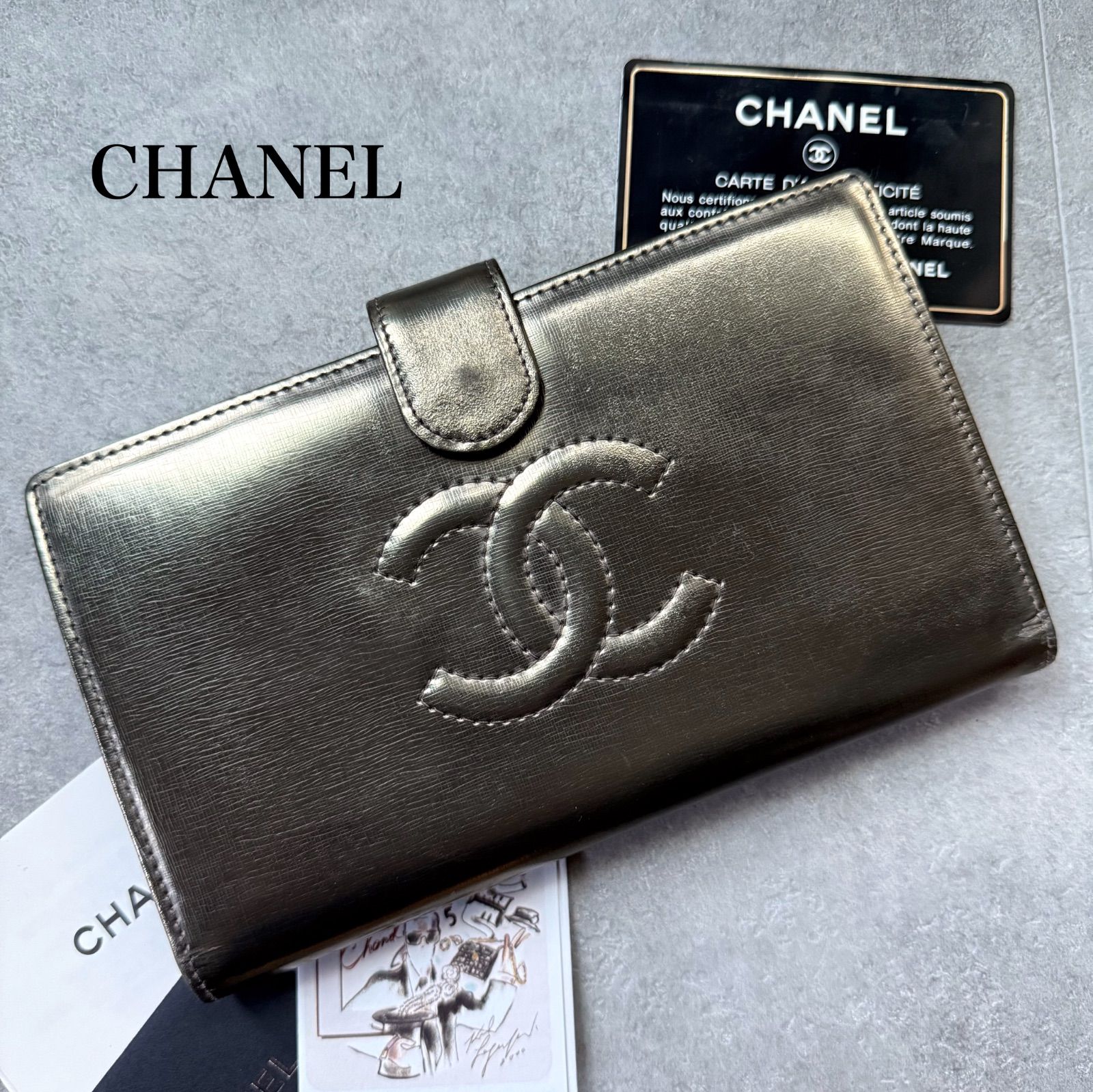 希少品 CHANEL シャネル ココマーク がま口長財布 ゴールド レザー 二