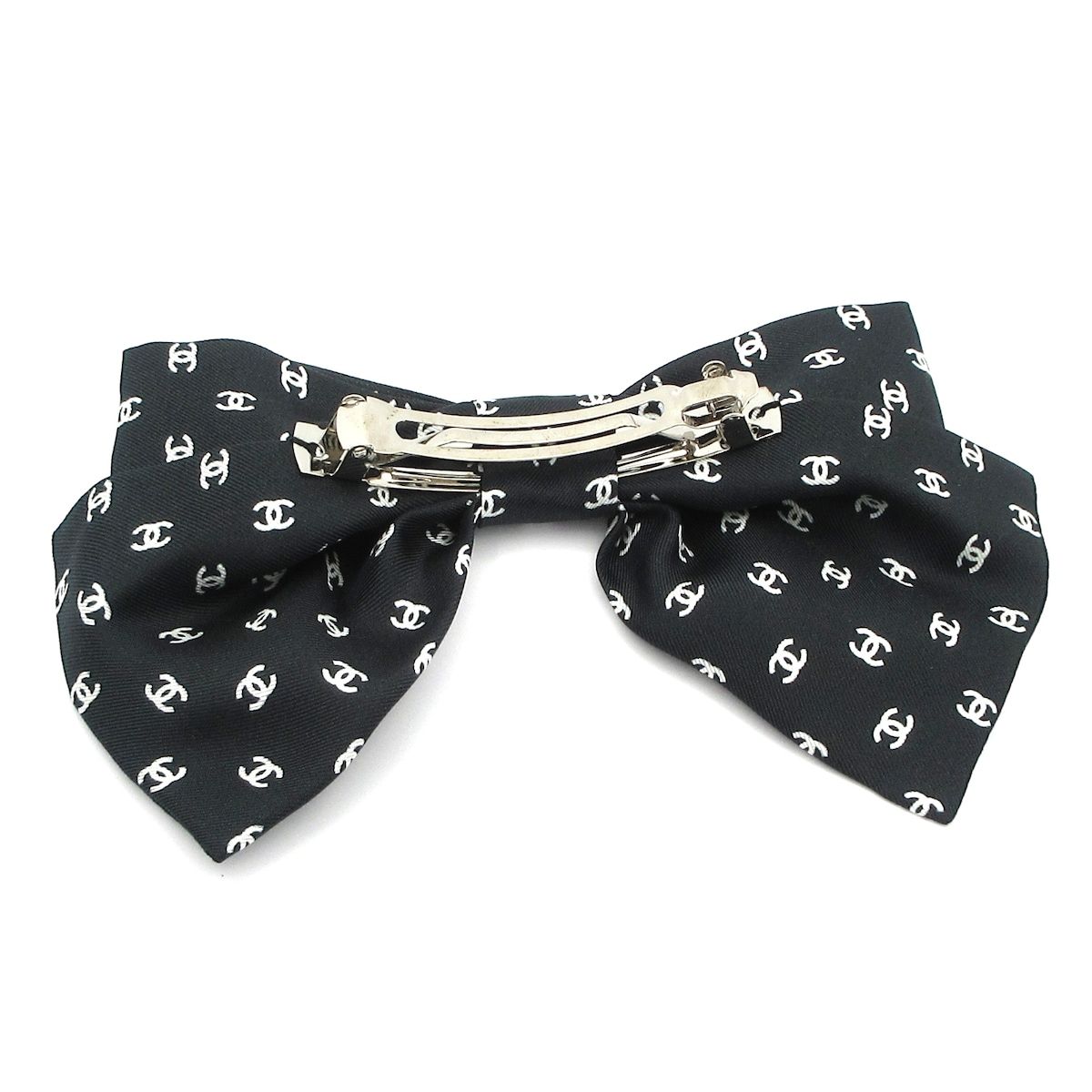 CHANEL シャネル バレッタ ココマーク シルク 黒 白 シルバー リボン