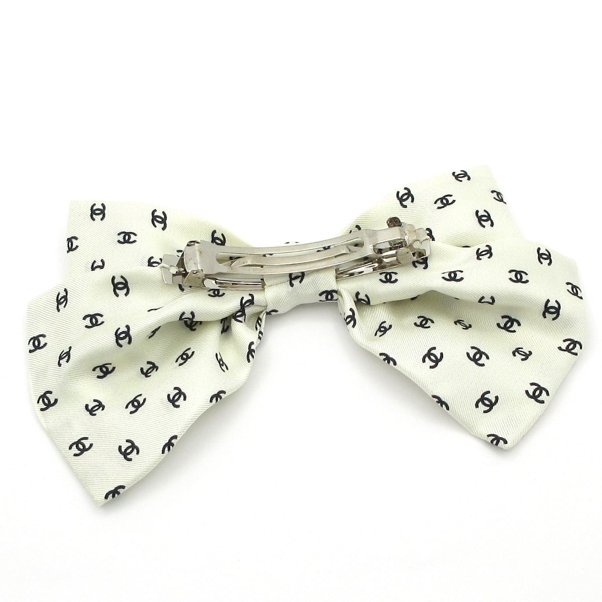 CHANEL シャネル バレッタ ココマーク シルク アイボリー 黒 シルバー リボン