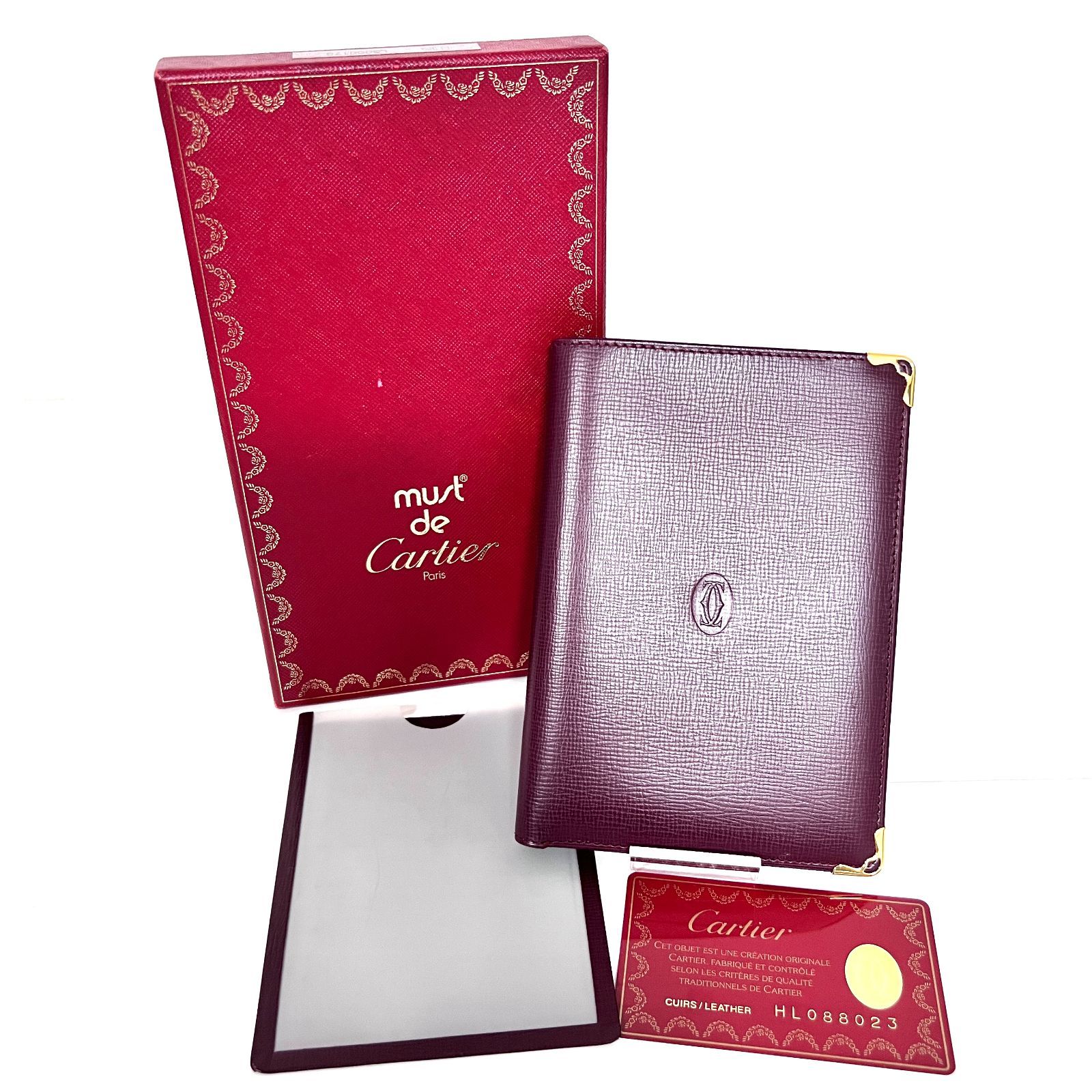 SD 3974 Cartier カルティエ マストライン レザー ボルドー 二つ折り財布 札入れ カードケース カードホルダー付き ミディアムウォレット