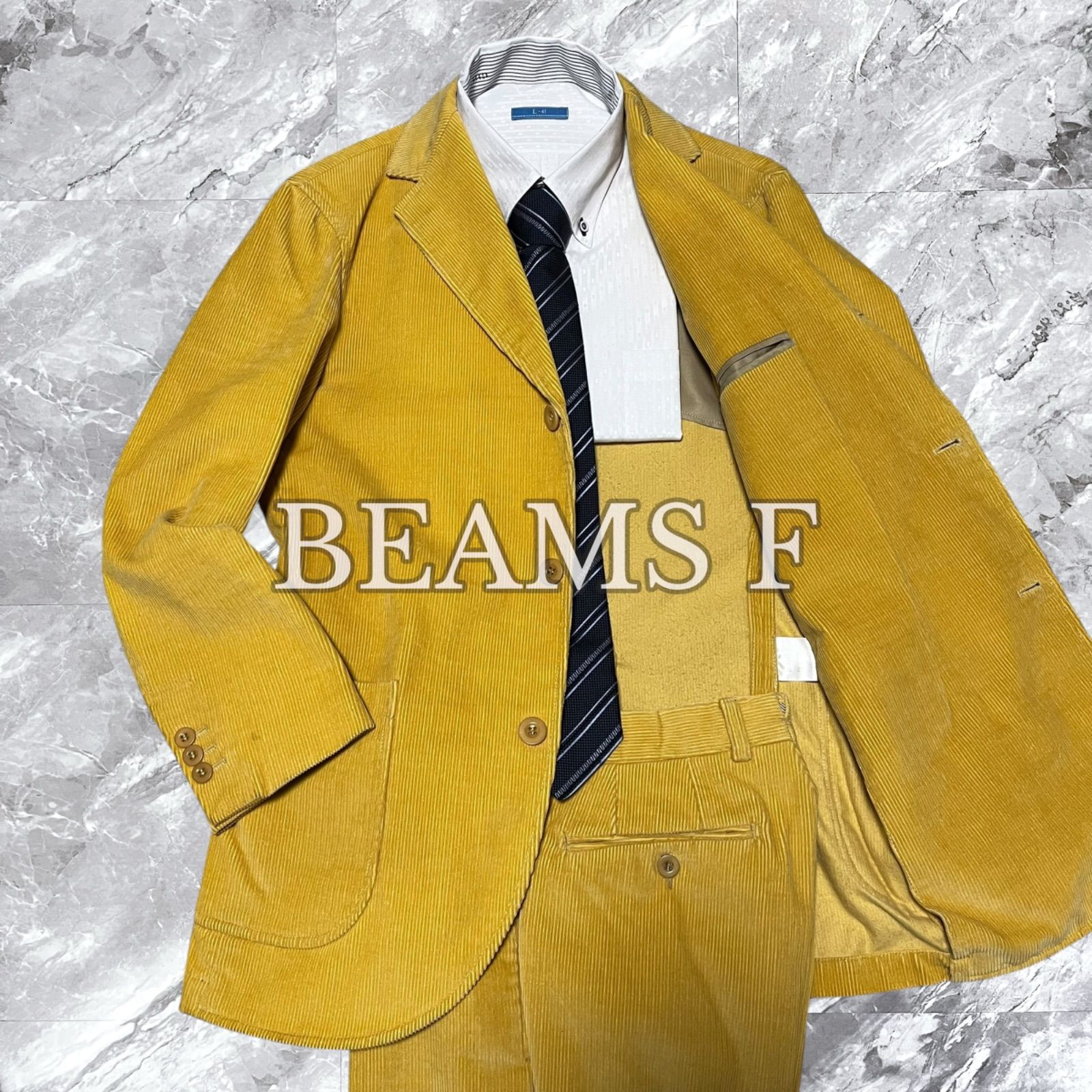 BEAMS F ビームスエフ Y.Akamine 赤峰幸生 アカミネ セットアップ スーツ カジュアル 上下セット コーデュロイ コットン 綿 3 B 背抜き センターベント 開き見せ イタリア製 イエロー サイズ42 46 M相当