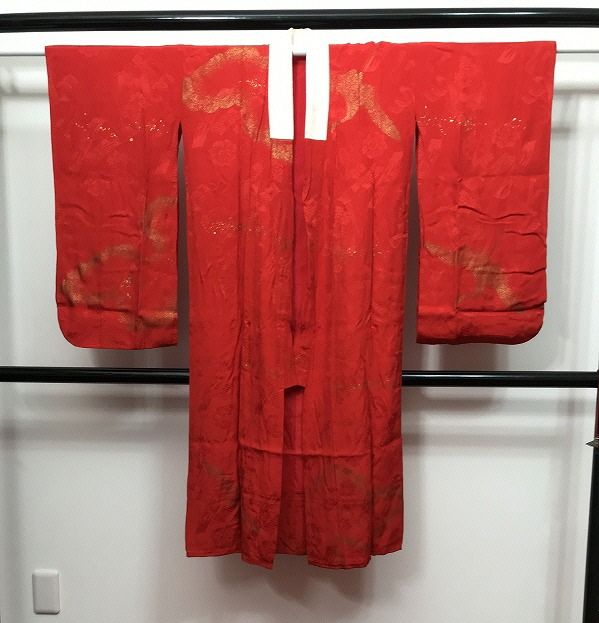 中古】 子供着物 長襦袢 正絹 10〜11歳前後 女児用 几帳地紋の赤