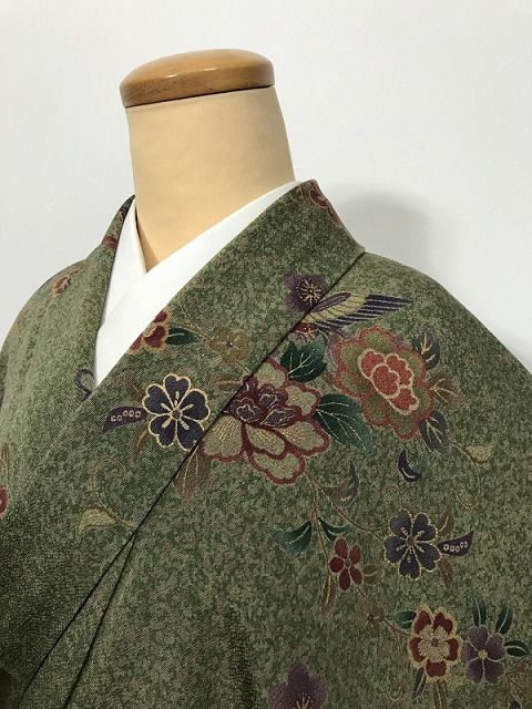 中古】Mサイズ 小紋 正絹 グリーン地に花鳥模様 裄長め - メルカリ