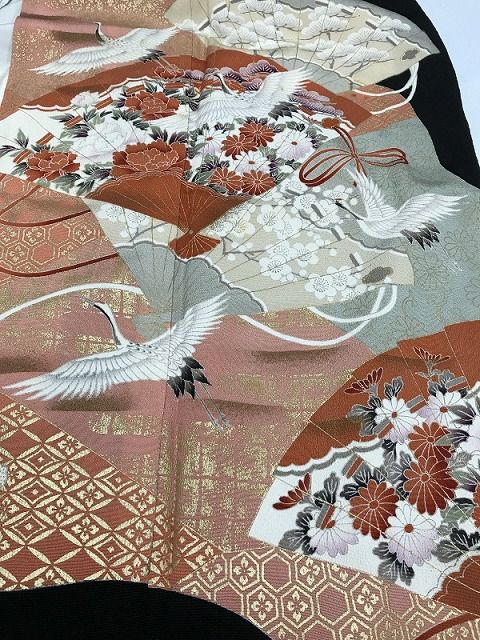 Mサイズ 正絹 留袖 黒地に扇模様 五つ紋付 福服特製 リメイク黒留アンサンブル