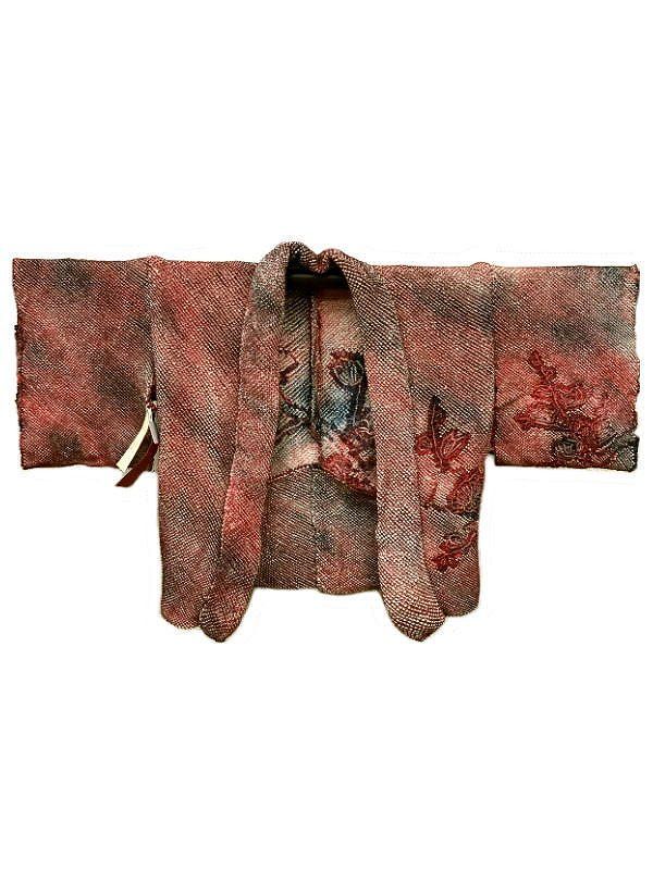 正絹絞りの反物　羽尺 未使用品 反物 正絹 羽尺 赤色に花模様 絞り染 未仕立て リサイクル