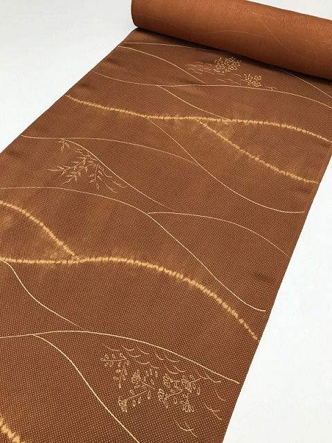 中古】未使用 正絹 反物 小紋着尺 12m 山吹茶地に草花模様 - メルカリ