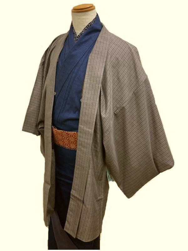 羽織 男物 裄77 灰紫色地に縞模様 3 Lサイズ 洗える羽織 ポリエステル 着物羽織り メンズ 和装コート 着物用コート 着物コート 着物羽織 和装 アウター 普段着羽織り おしゃれ 羽織り はおりもの