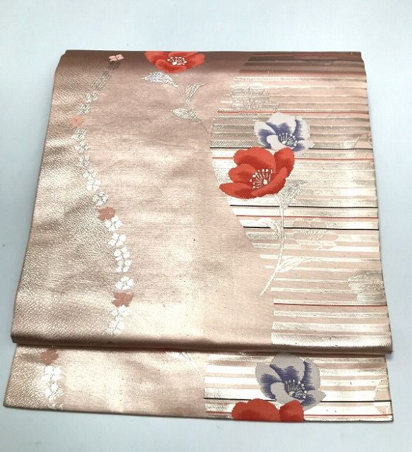 中古】名古屋帯 正絹 ピンク地に枝花文様 九寸 六通柄 - メルカリ