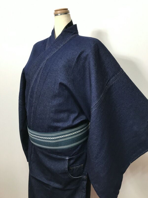 Lサイズ 男物 デニム着物 綿 ネイビー無地 ポケット付き 単衣着物
