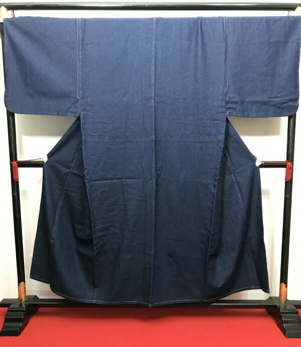 Lサイズ 男物 デニム着物 綿 ネイビー無地 ポケット付き 単衣着物