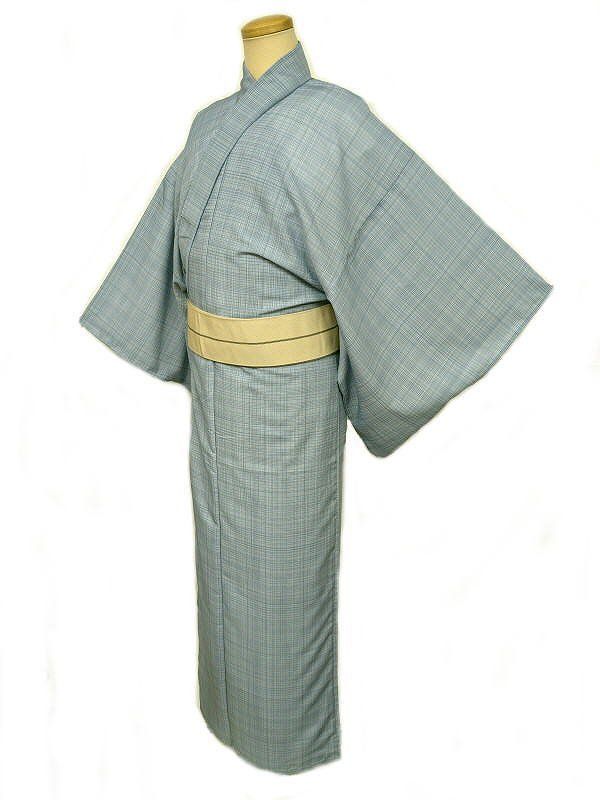 単衣 単衣の着物 浴衣 男物 化繊 水色地に格子模様 裄71 LLサイズ 吸湿速乾 木綿 仕立て上がり 花火大会 夕涼み 夏祭り 盆踊り ゆかた