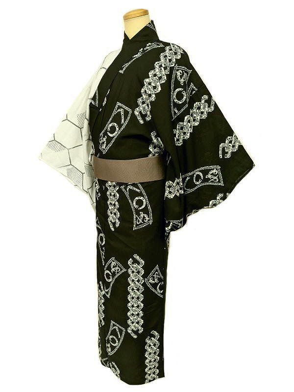 単衣 単衣の着物 浴衣 男物 化繊 Mサイズ 黒と白灰色の片身代わり 亀甲 かまわぬ模様 裄70 吸湿速乾