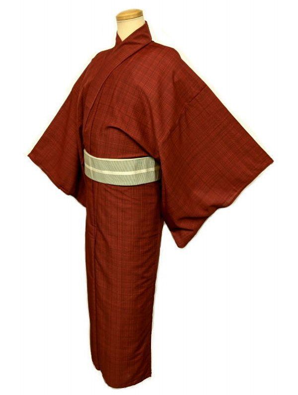 単衣 単衣の着物 浴衣 男物 化繊 赤色地に格子模様 裄72 LLサイズ 吸湿速乾 防シワ ポリエステルゆかた