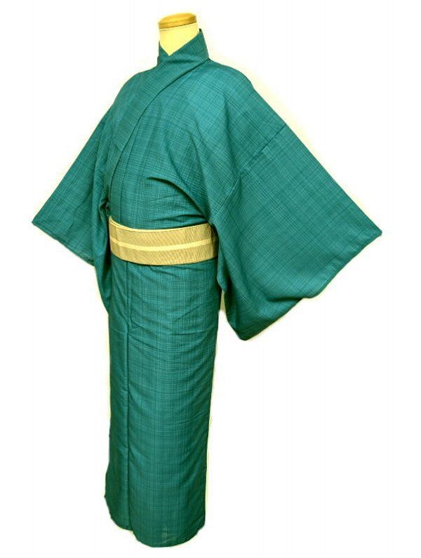 単衣 単衣の着物 浴衣 男物 化繊 青緑色地に格子模様 裄70 Mサイズ 吸湿速乾 防シワ ポリエステルゆかた