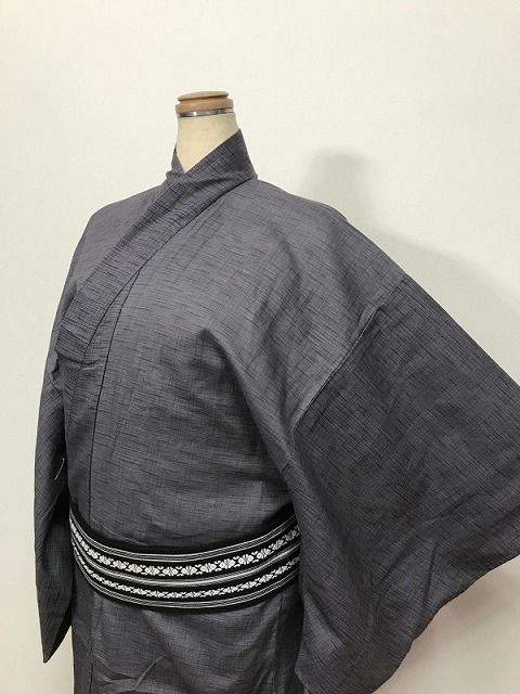 Mサイズ 男物 綿 浴衣 灰紫地に絣格子模様
