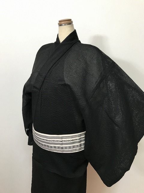 Mサイズ 男物 綿 浴衣 しじら織 黒無地